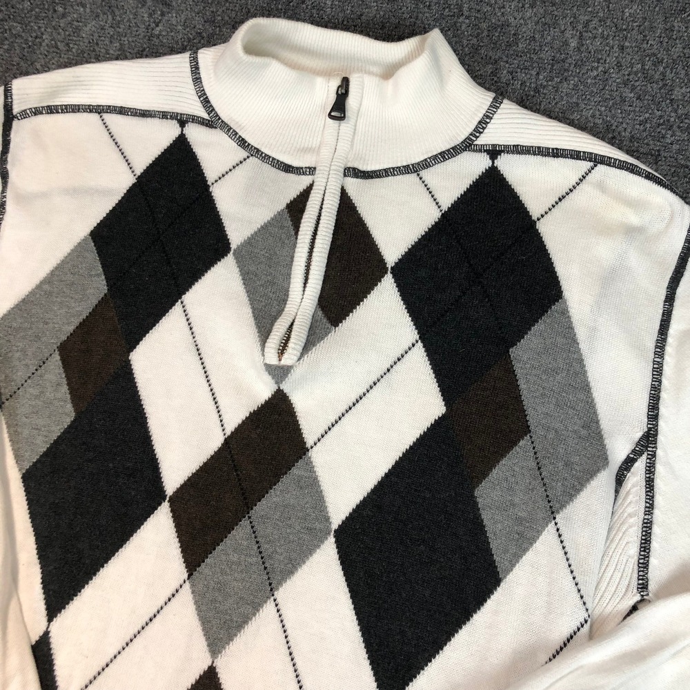 BKE Slim Fit Mens XL Argyle Quarter Zip Sweater White Gray Black Long Sleeve